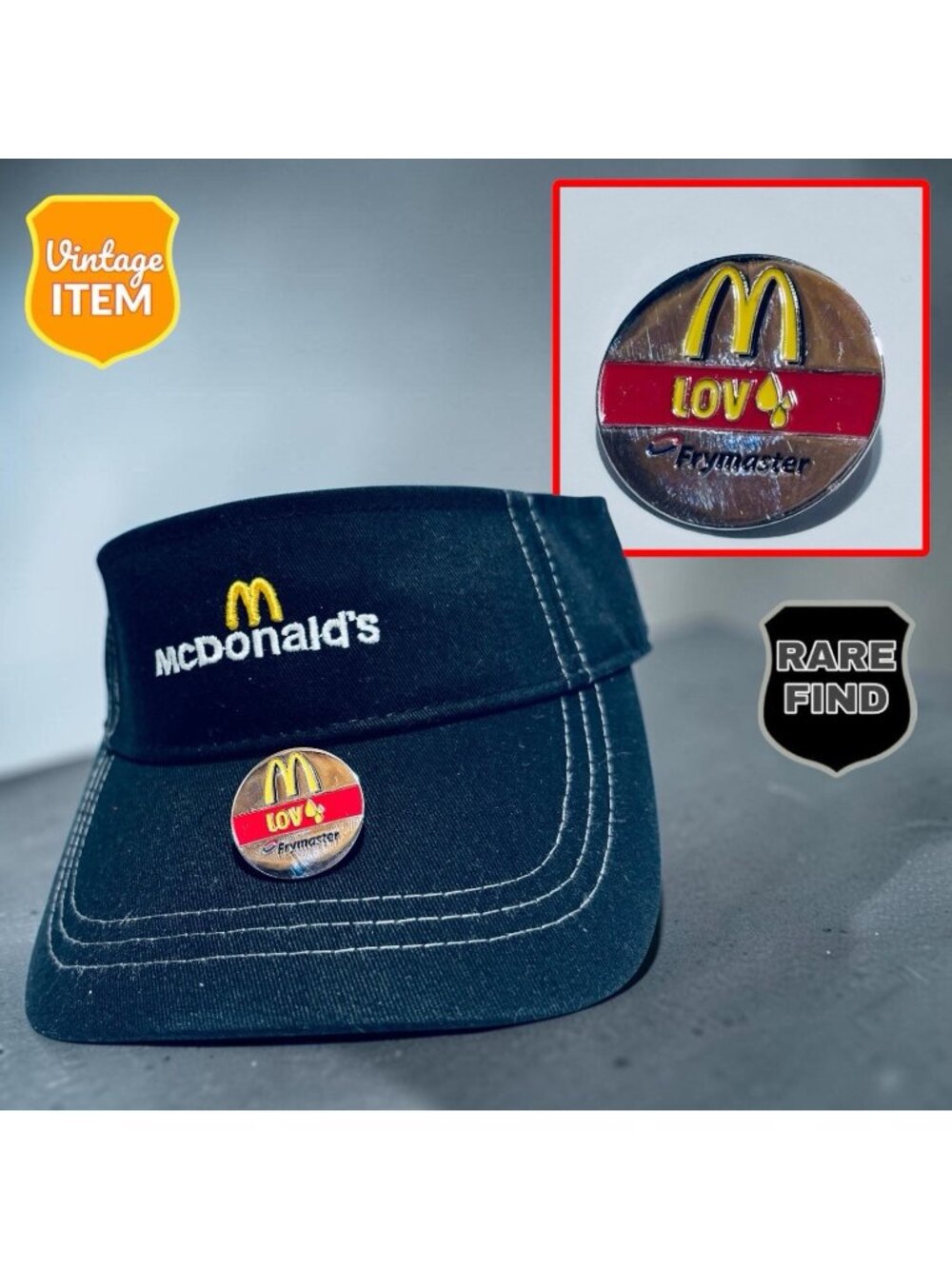 Vintage McDonald’s 90s Visor Adjustable Crew Hat with Fry Master Pin. RARE!